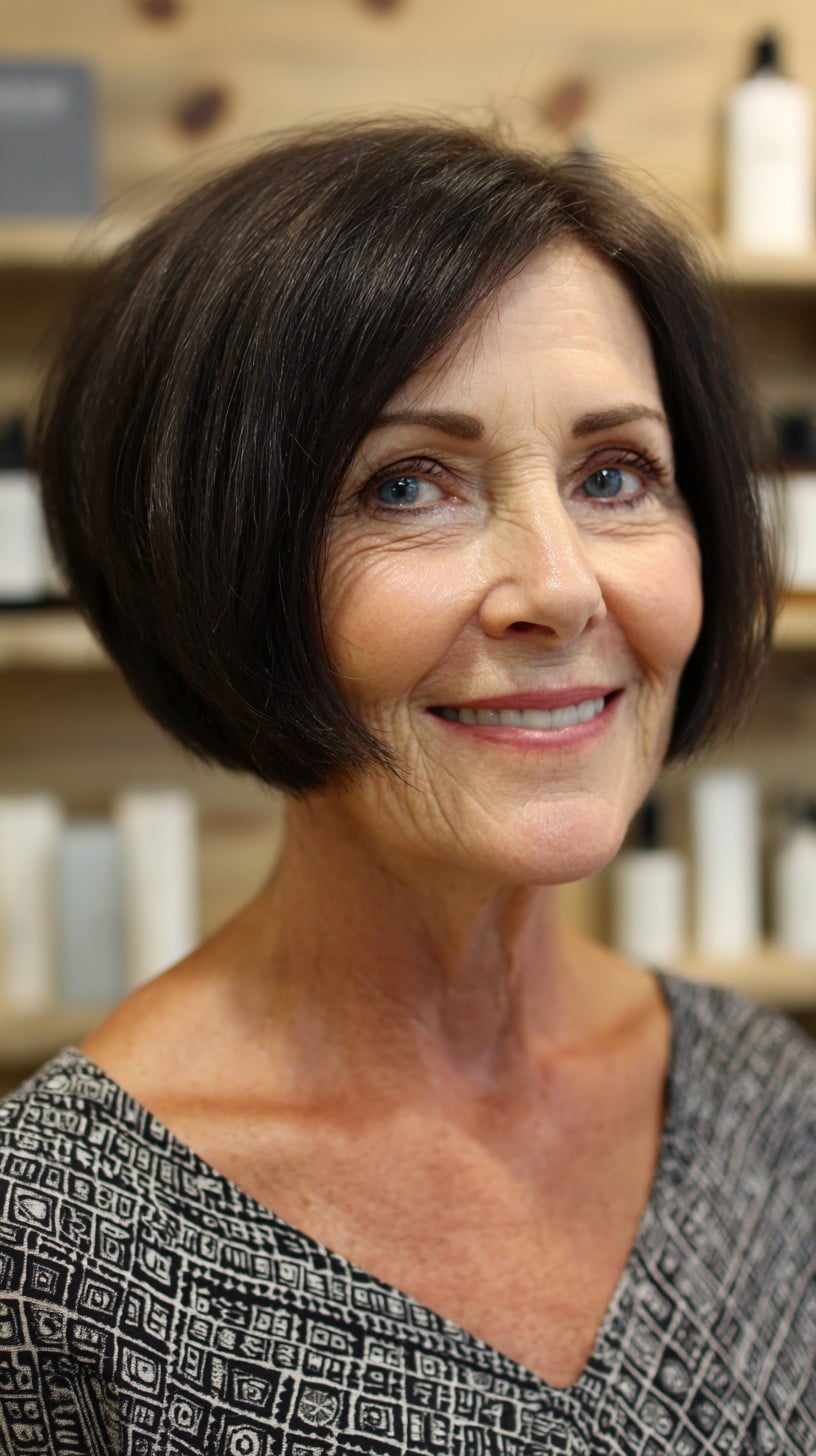 Sleek Dark Brown Rounded Chin-Grazing Bob with Soft Tapered Ends