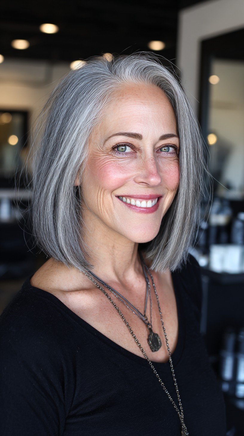 Sleek Silver A-Line Bob with Subtle Root Shadow