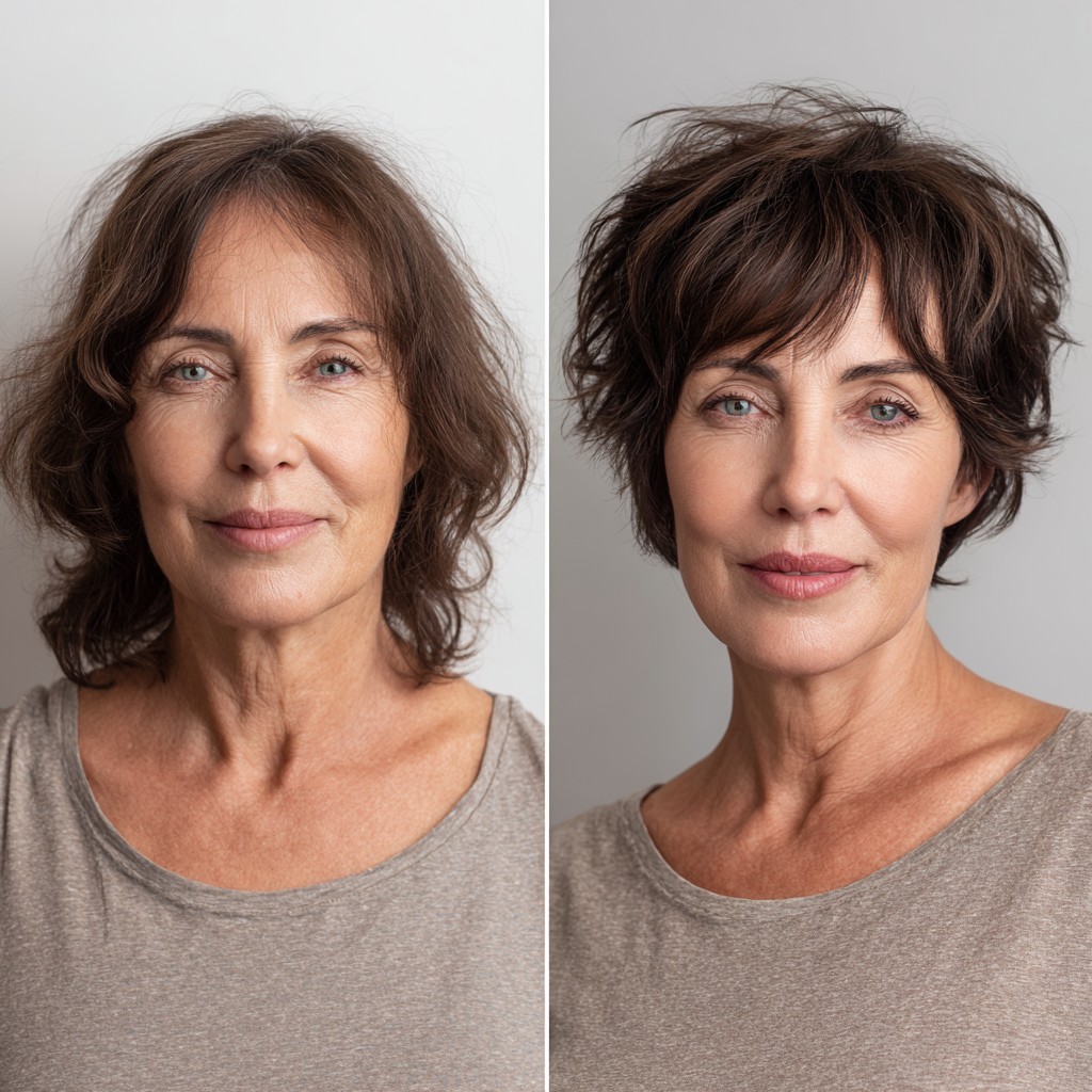 Soft Brunette Shaggy Pixie with Root-Melt and Feathered Fringe