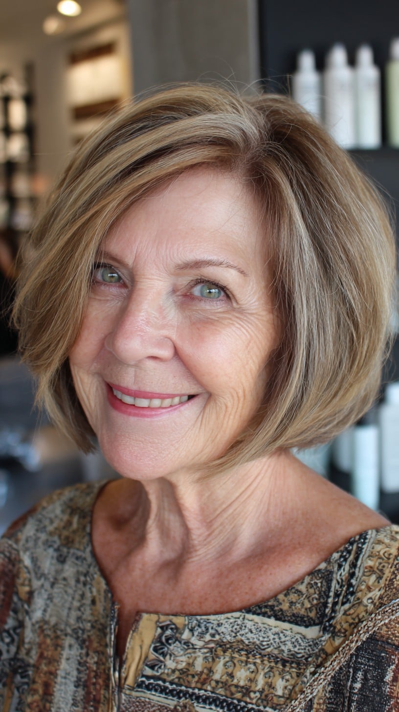 Soft Chestnut Graduated Bob with Side-Swept Fringe and Silver Root Blend