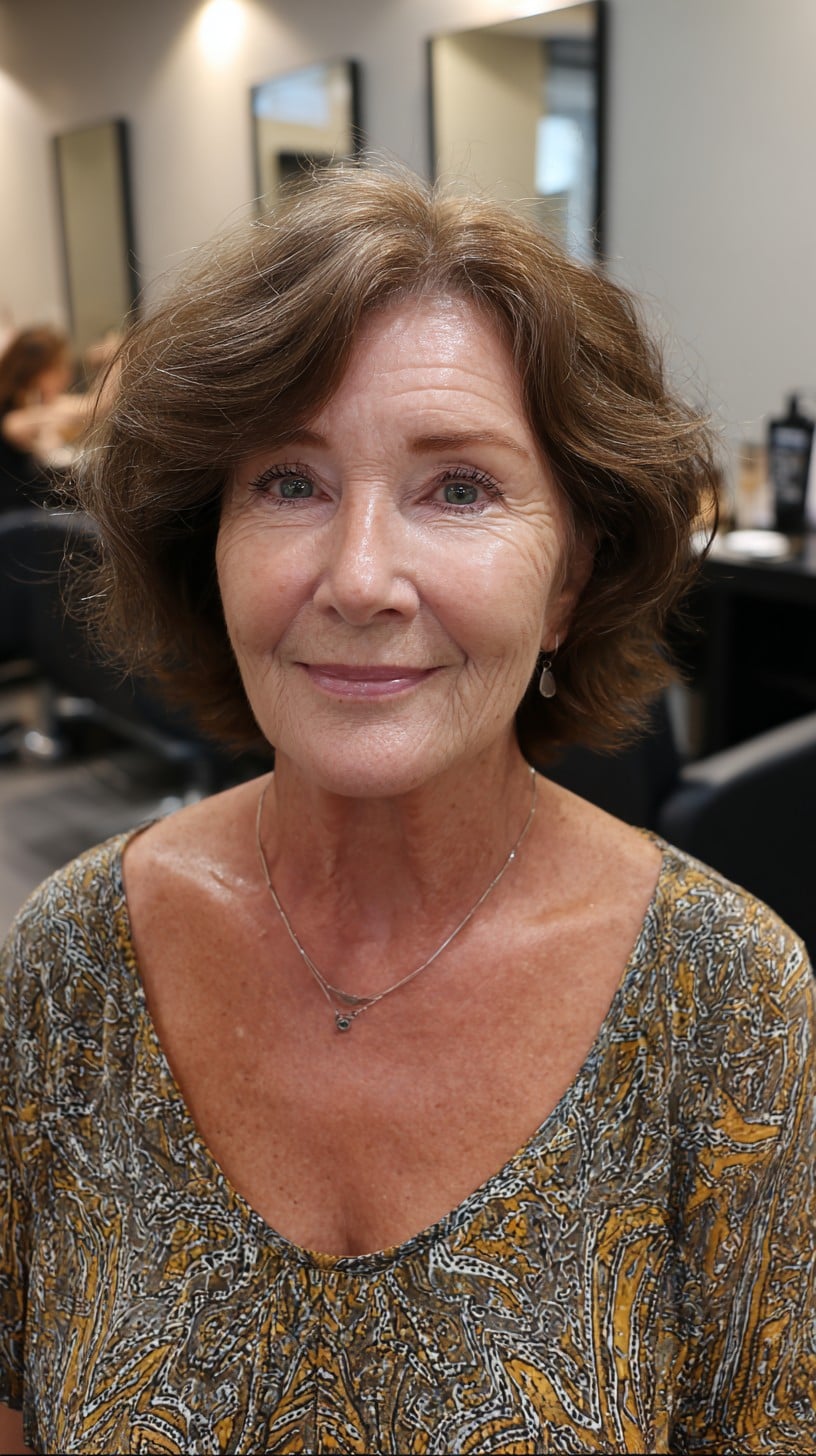 Soft Chestnut Neck-Grazing Layered Bob with Natural Wave