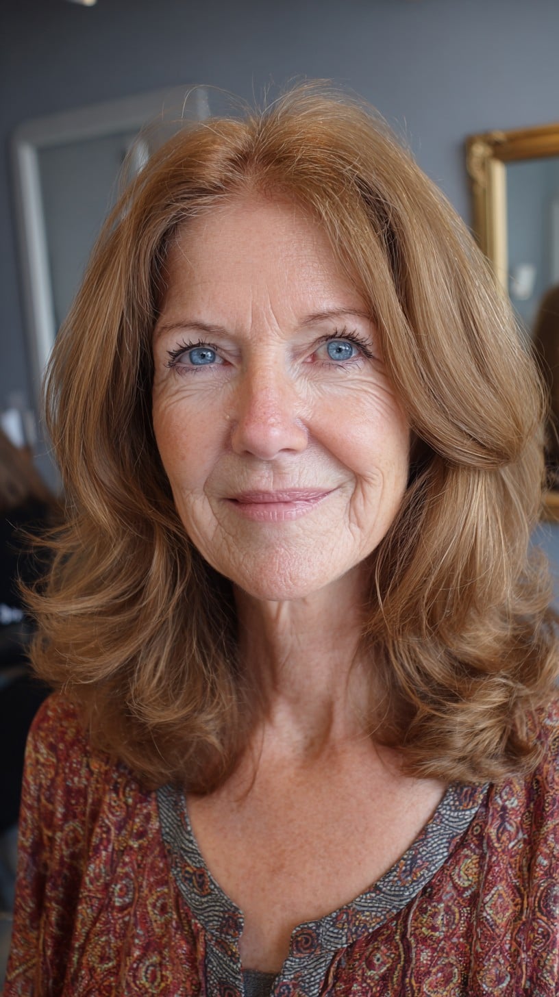 Soft Copper-Rose Face-Framing Layers with Voluminous Blowout