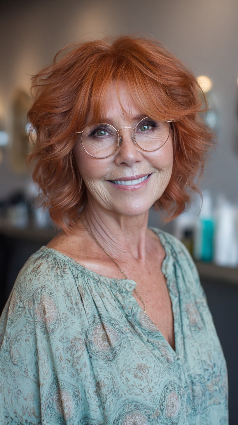 Soft Copper Shag Bob with Lifted Crown and Curtain Layers