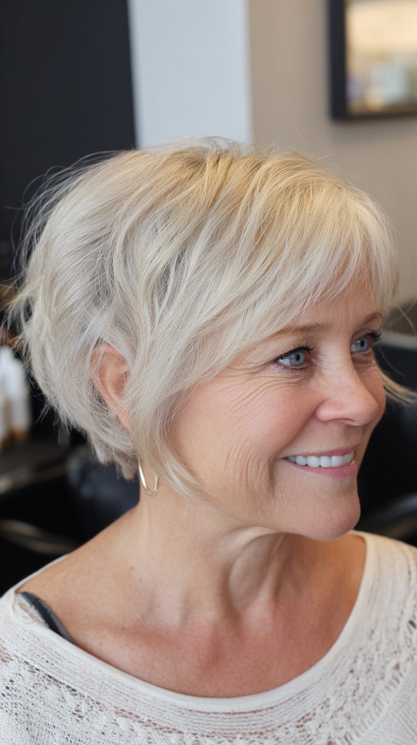 Soft Feathered Ear-Grazing Stacked Bob with Side Micro-Fringe