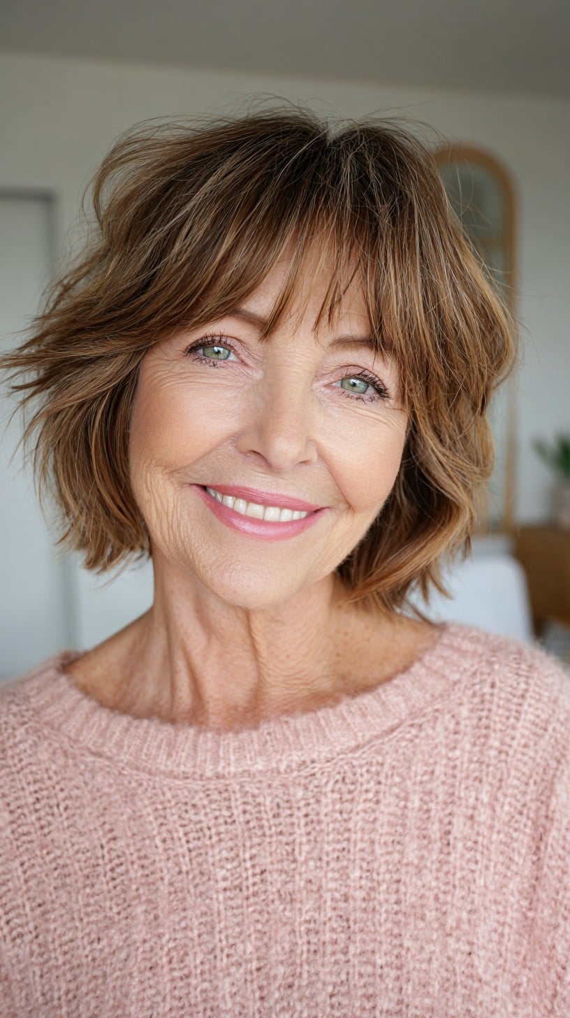 Soft Feathered Shag Bob with Brow-Grazing Wispy Fringe