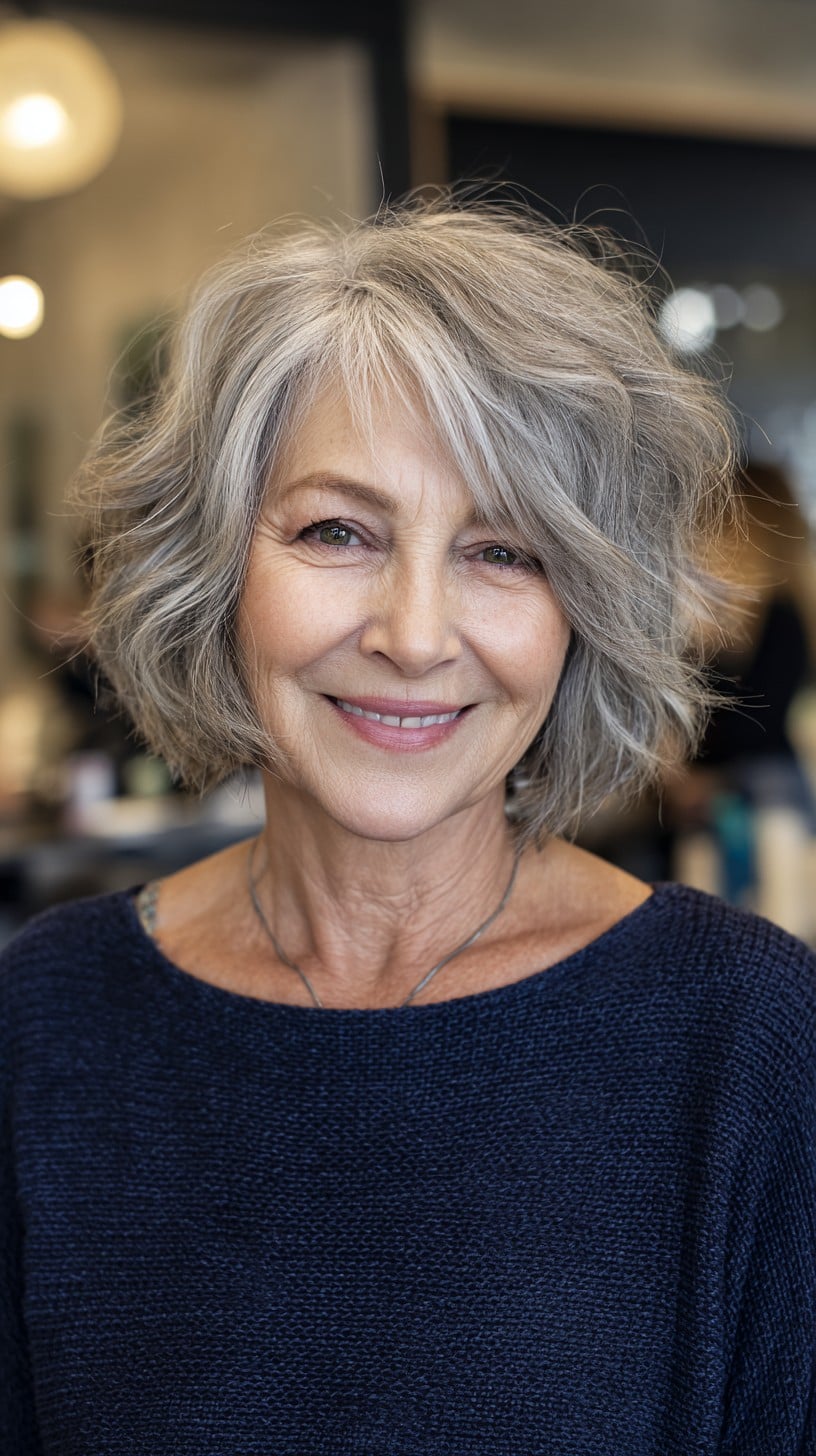 Soft Layered Gray Shag Bob with Side-Swept Micro Fringe
