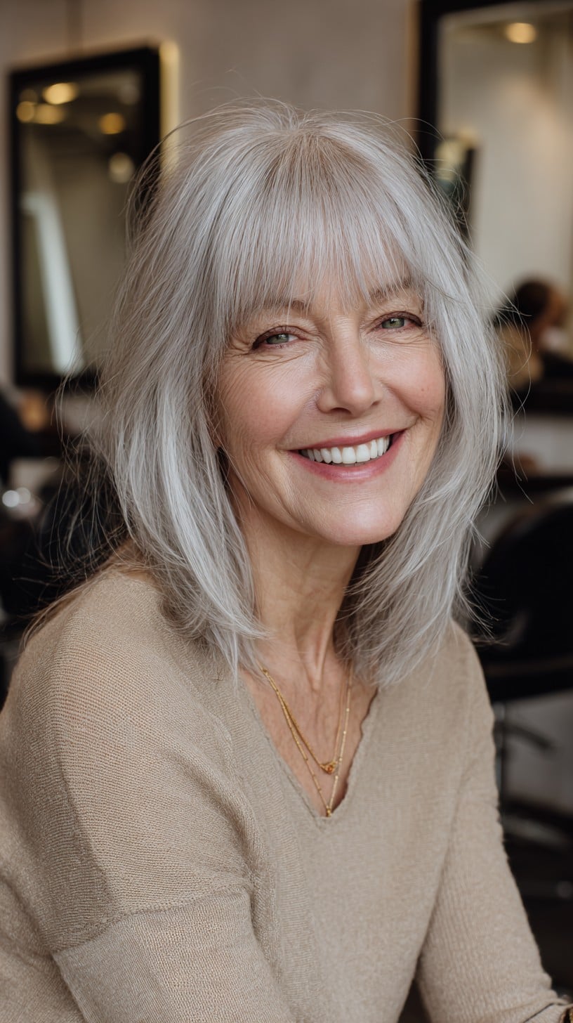 Soft Layered Silver Lob with Wispy Full Fringe