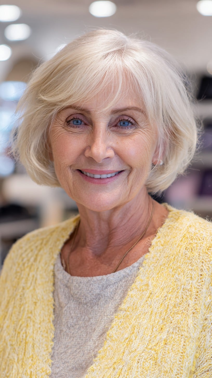 Soft Platinum Layered Shag Bob with Side-Swept Micro Fringe