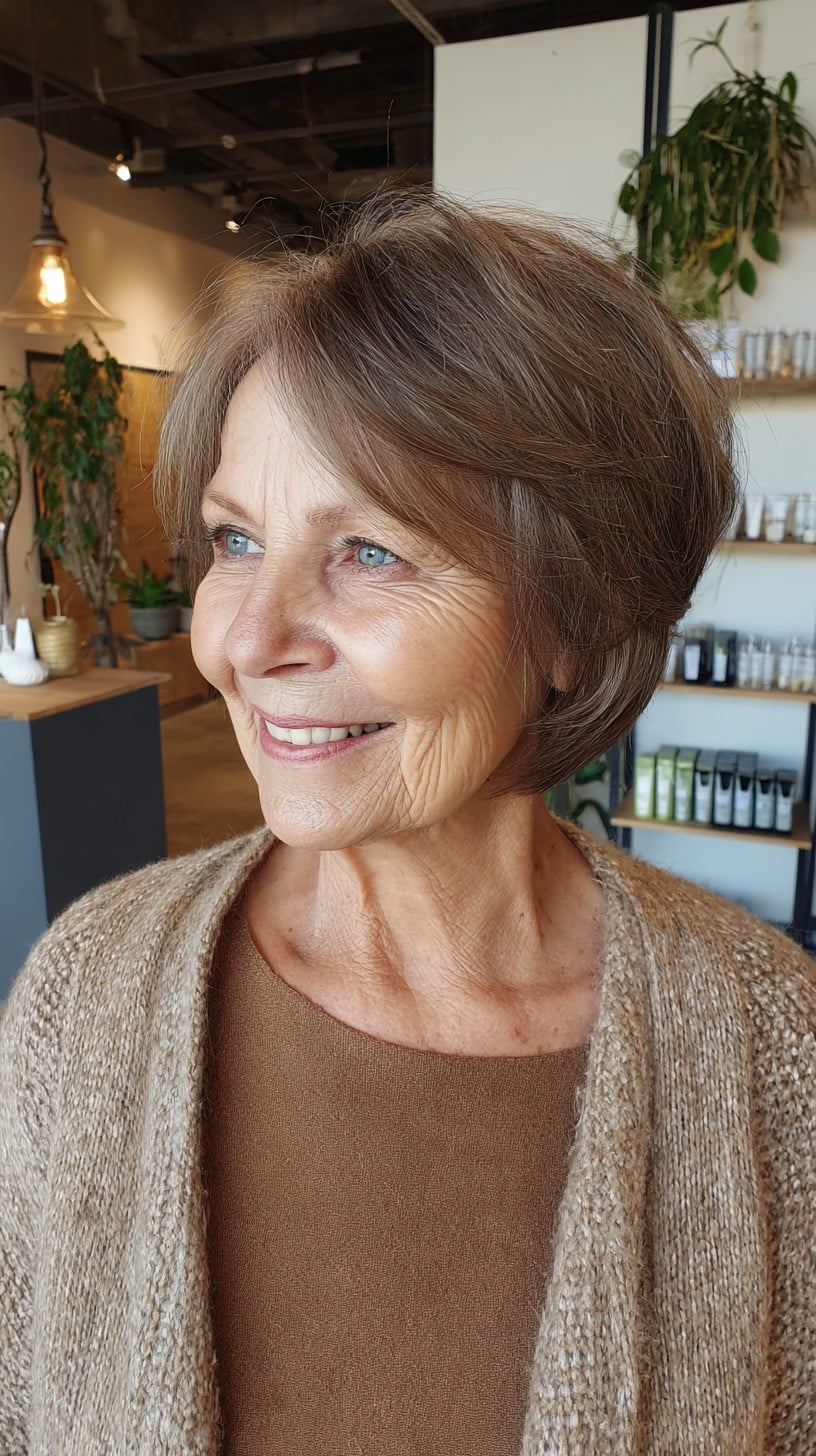 Soft Rounded Layered Bob with Gray Lowlights and Subtle Crown Lift