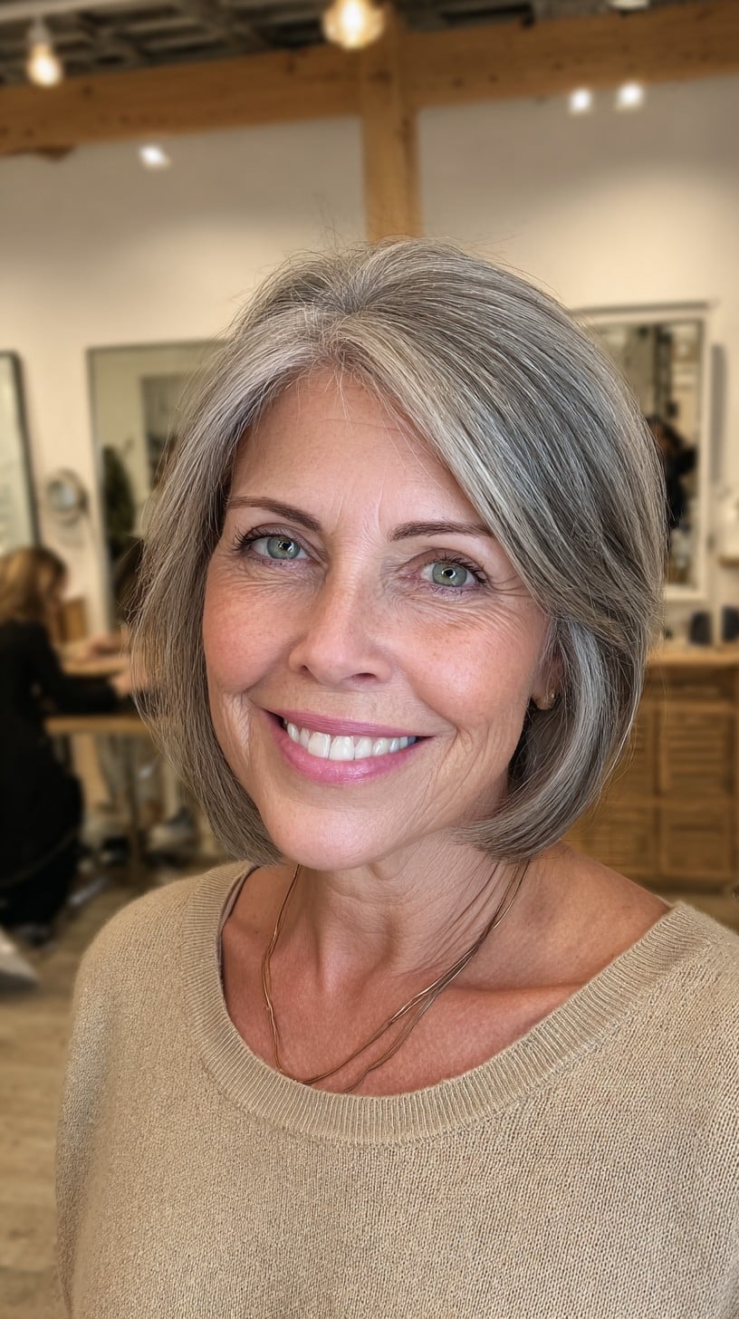 Soft Silver Chin-Length Bob with Interior Stacking and Bright Temple Accents