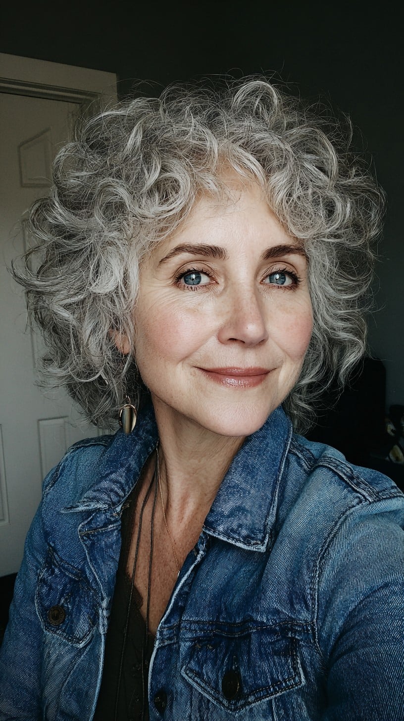 Soft Silver Curly Shag Bob with Short Curtain Micro-Bangs