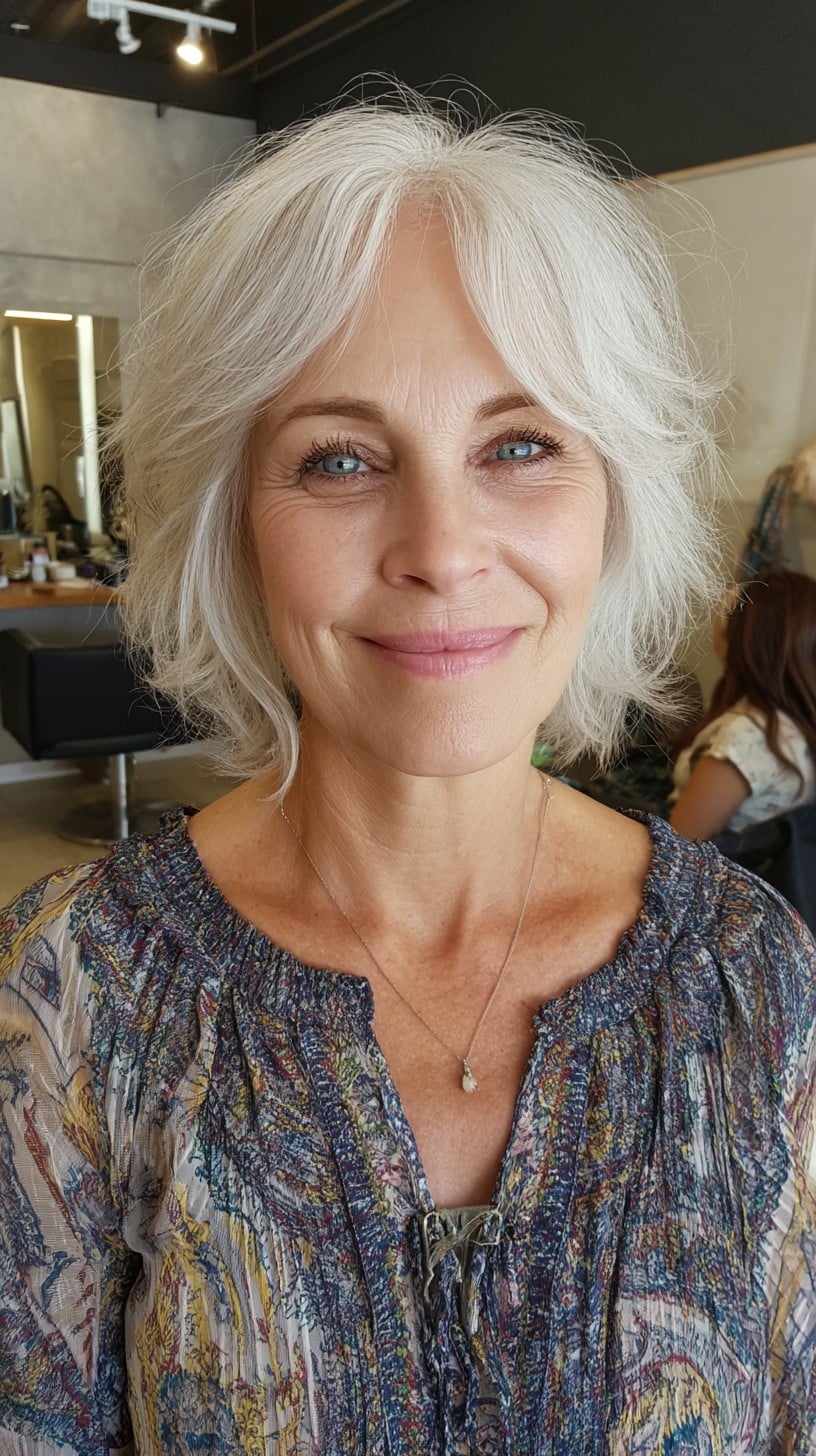 Soft Silver Curtain-Shag Bob with Lifted Crown Layers