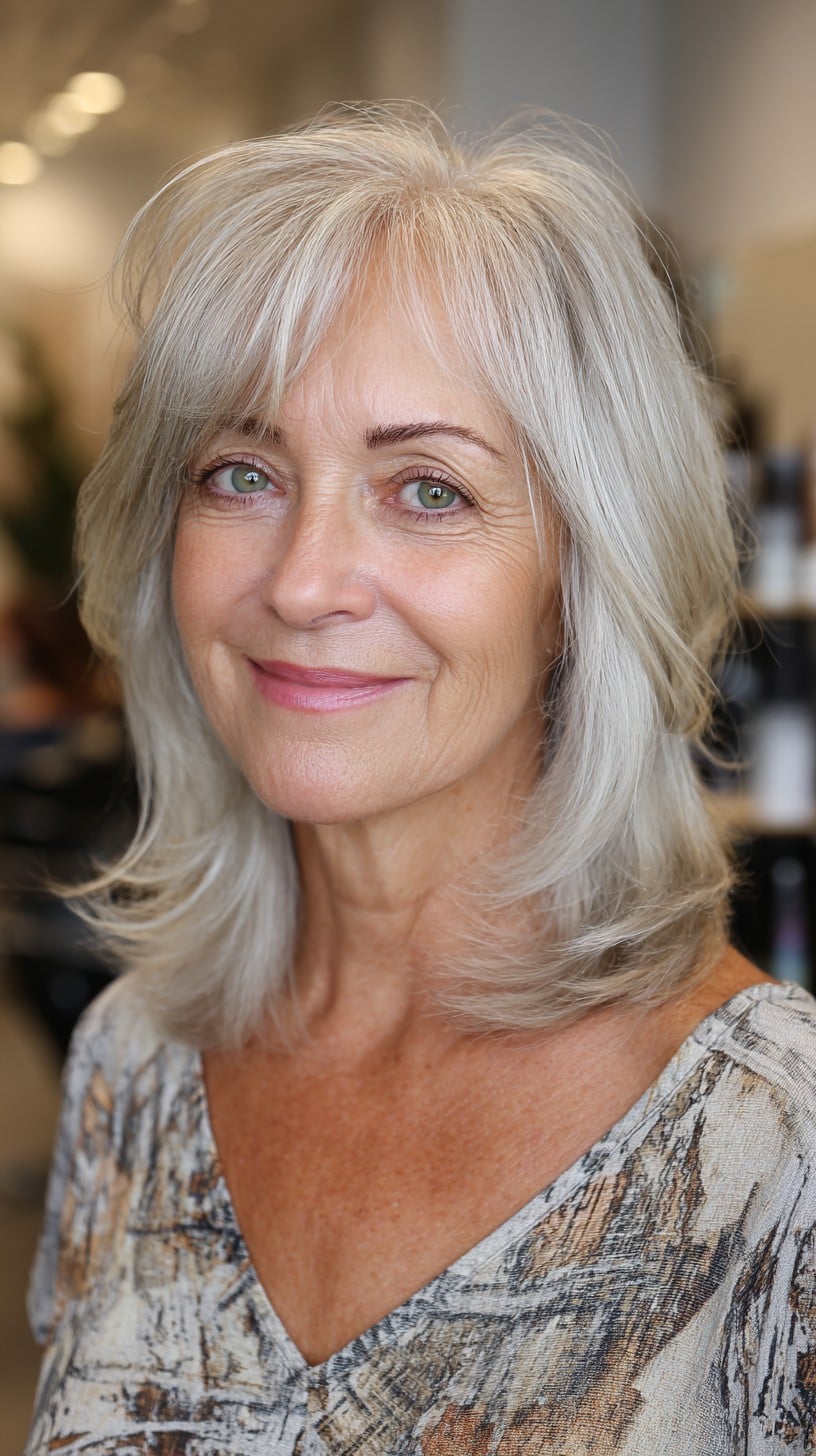 Soft Silver Mid-Length Layers with Feathered Face-Framing Fringe
