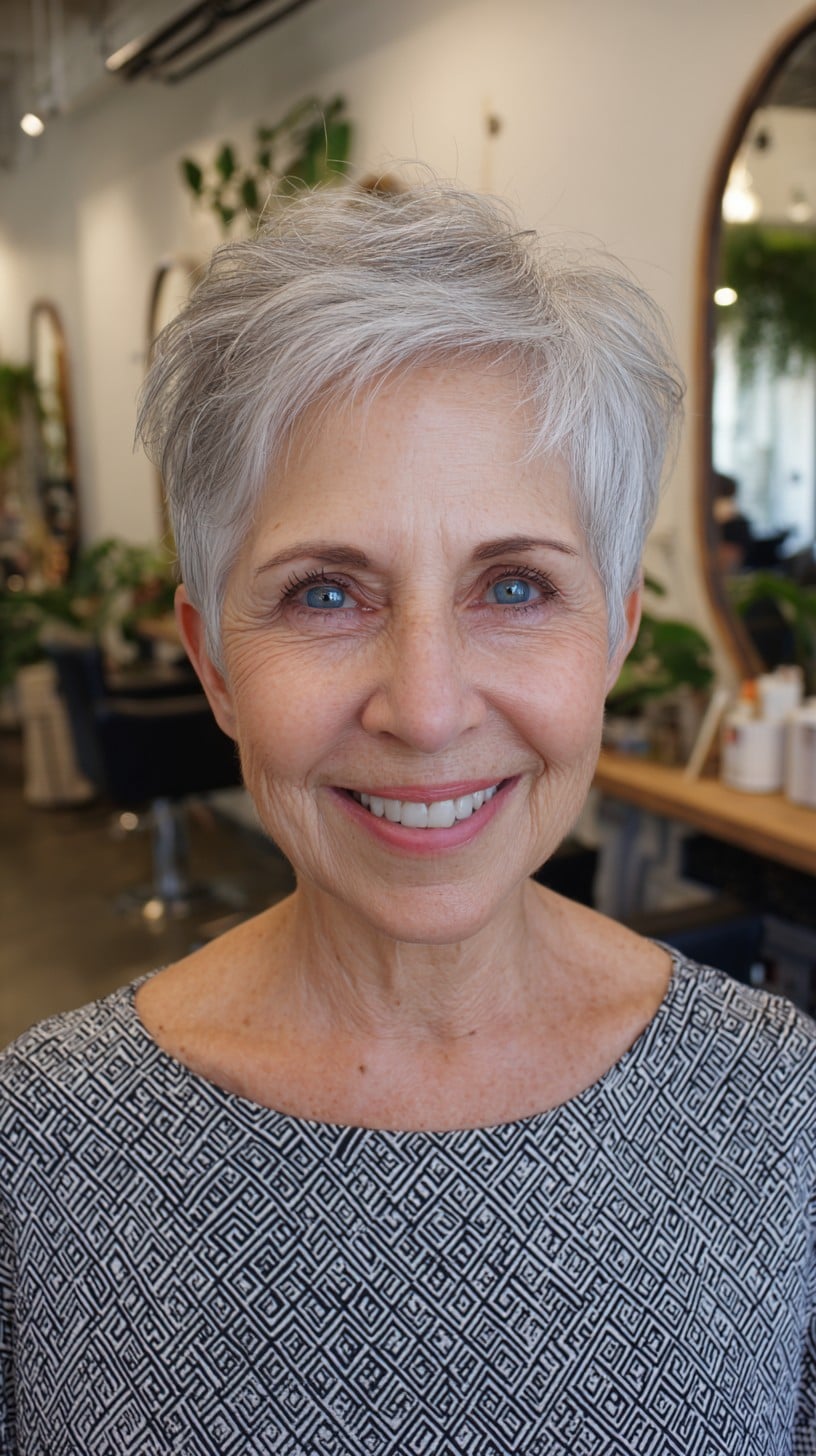 Soft Silver Pixie with Diagonal Feathered Fringe and Tapered Nape