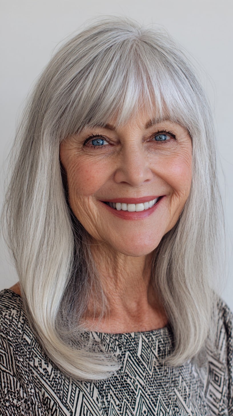 Soft Silver Shoulder-Length with Wispy Fringe