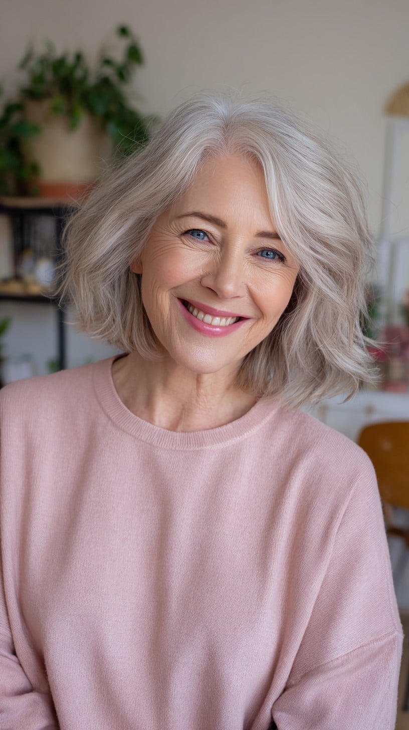 Soft Silver Textured Lob with Face‑Framing Curtain