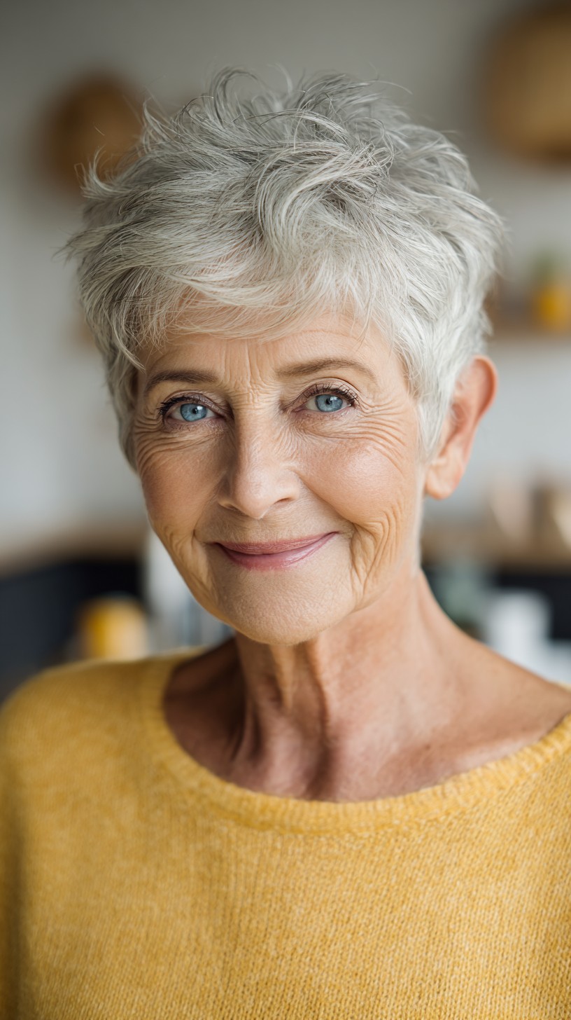 Soft Silver Tousled Pixie with Graduated Nape