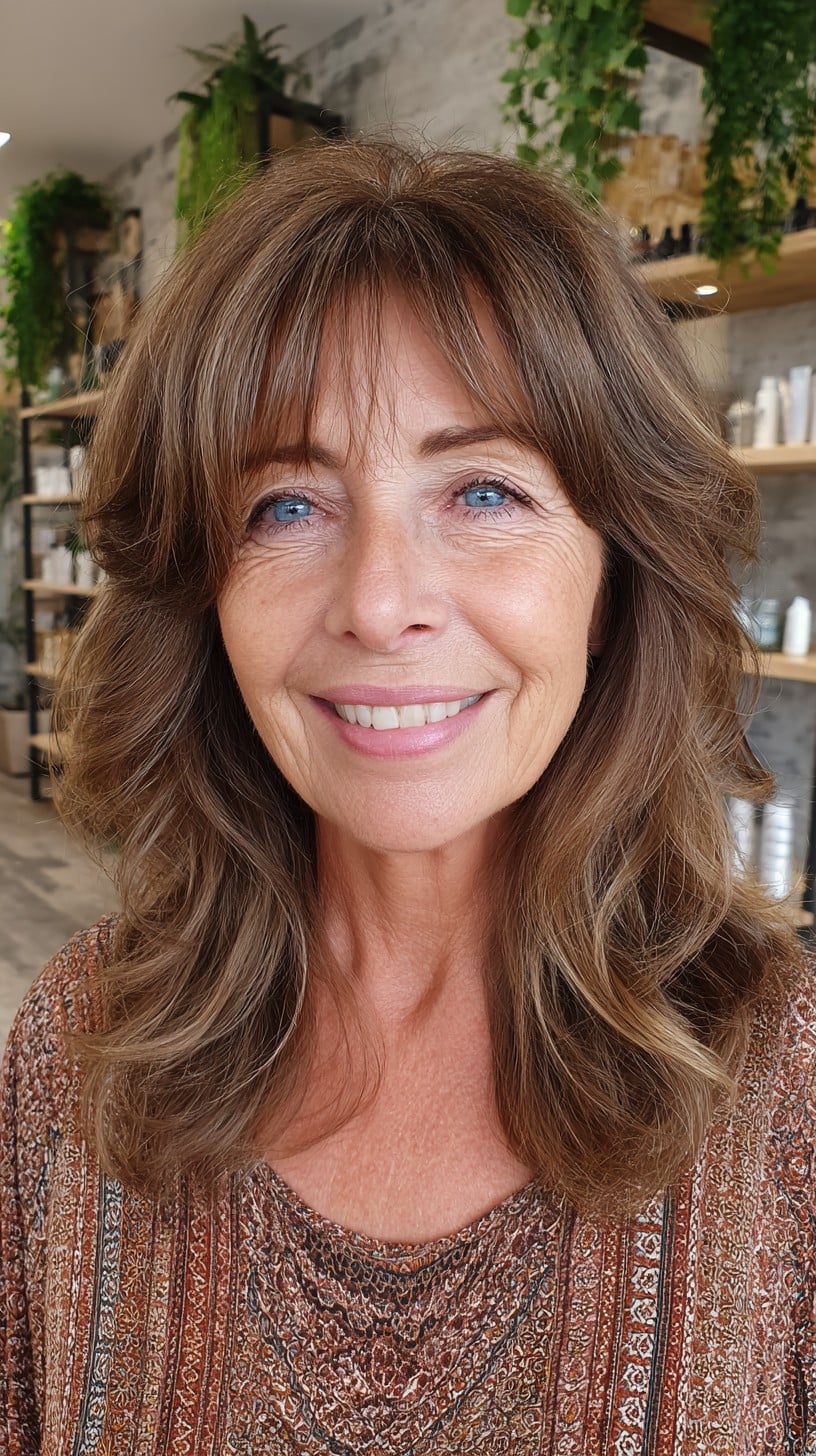 Sunlit Chestnut Mid-Length Layers with Babylight Accents and Curtain Bangs