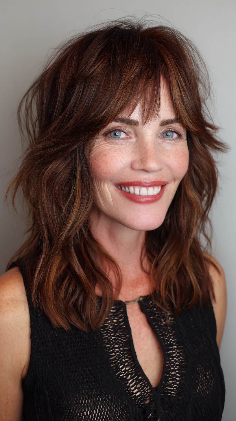 Sunset Chestnut Mid-Length Shag with Soft Wispy Fringe