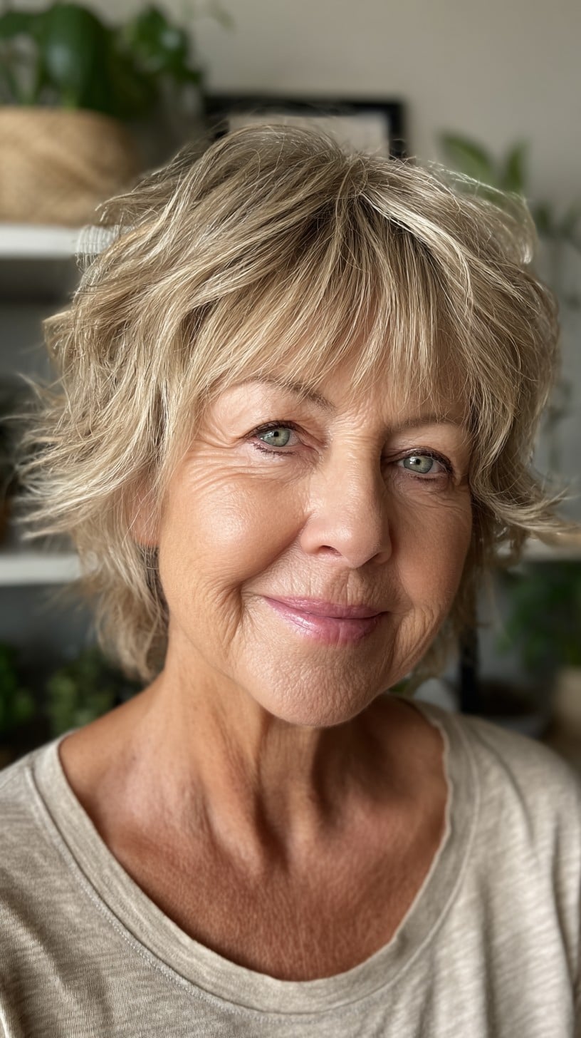 Textured Ash-Blonde Layered Shag with Feathered Micro-Bangs