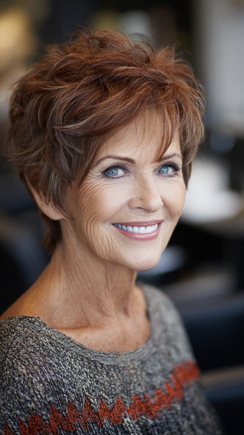 Textured Auburn Pixie with Feathered Fringe and Root Melt
