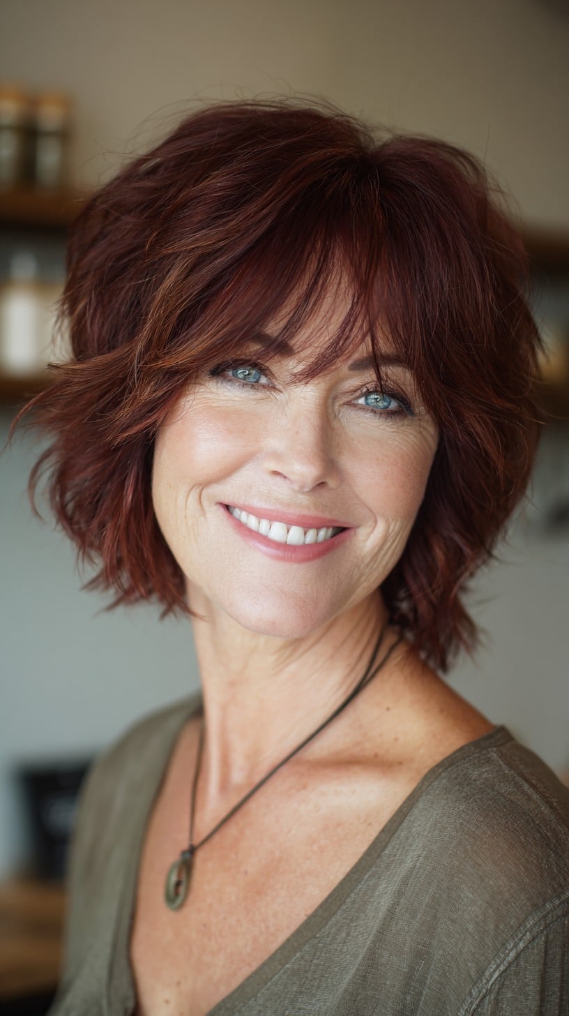 Textured Auburn Shag Bob with Feathered Curtain Fringe