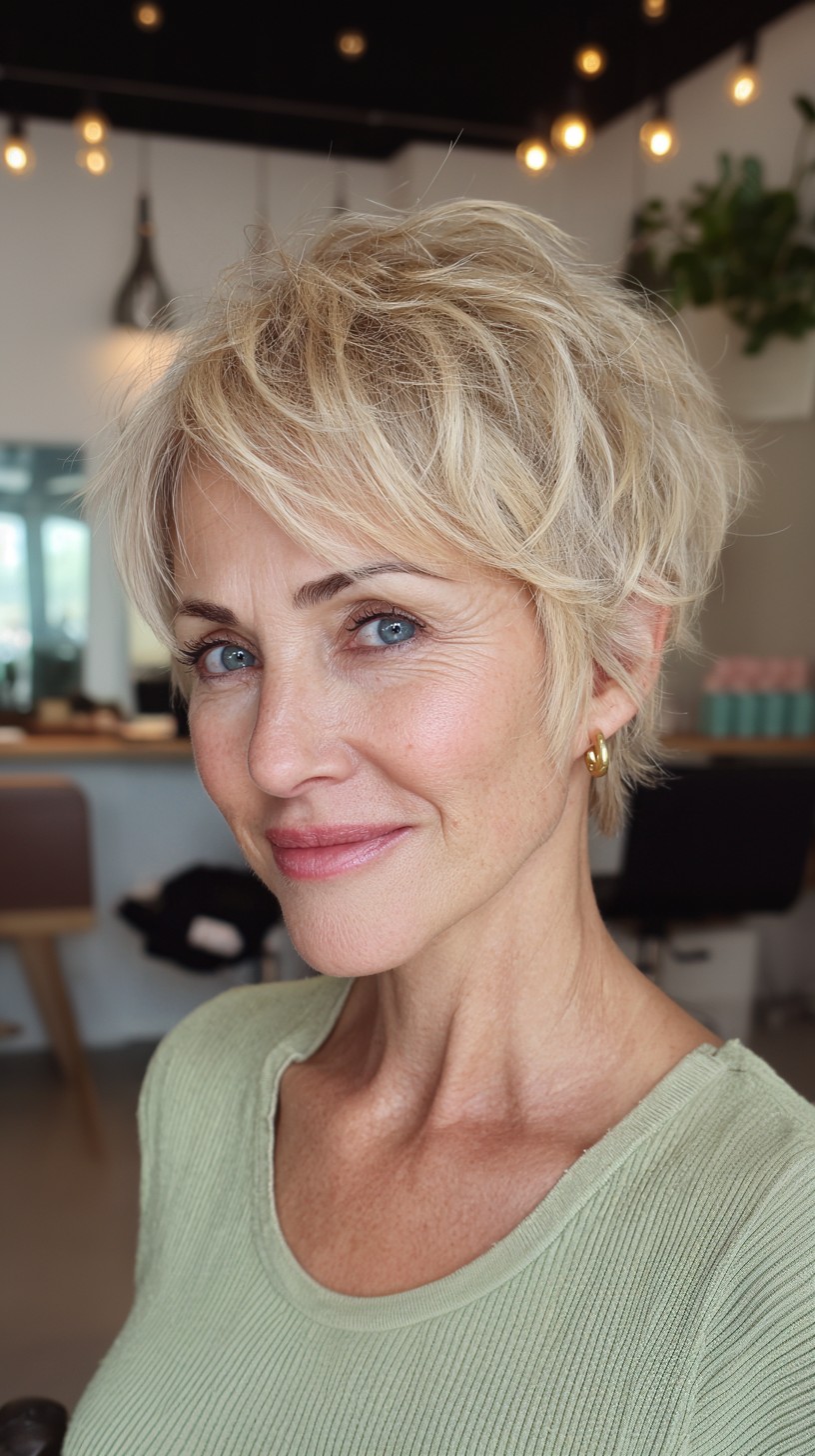Textured Champagne Blonde Shaggy Pixie with Lifted Crown