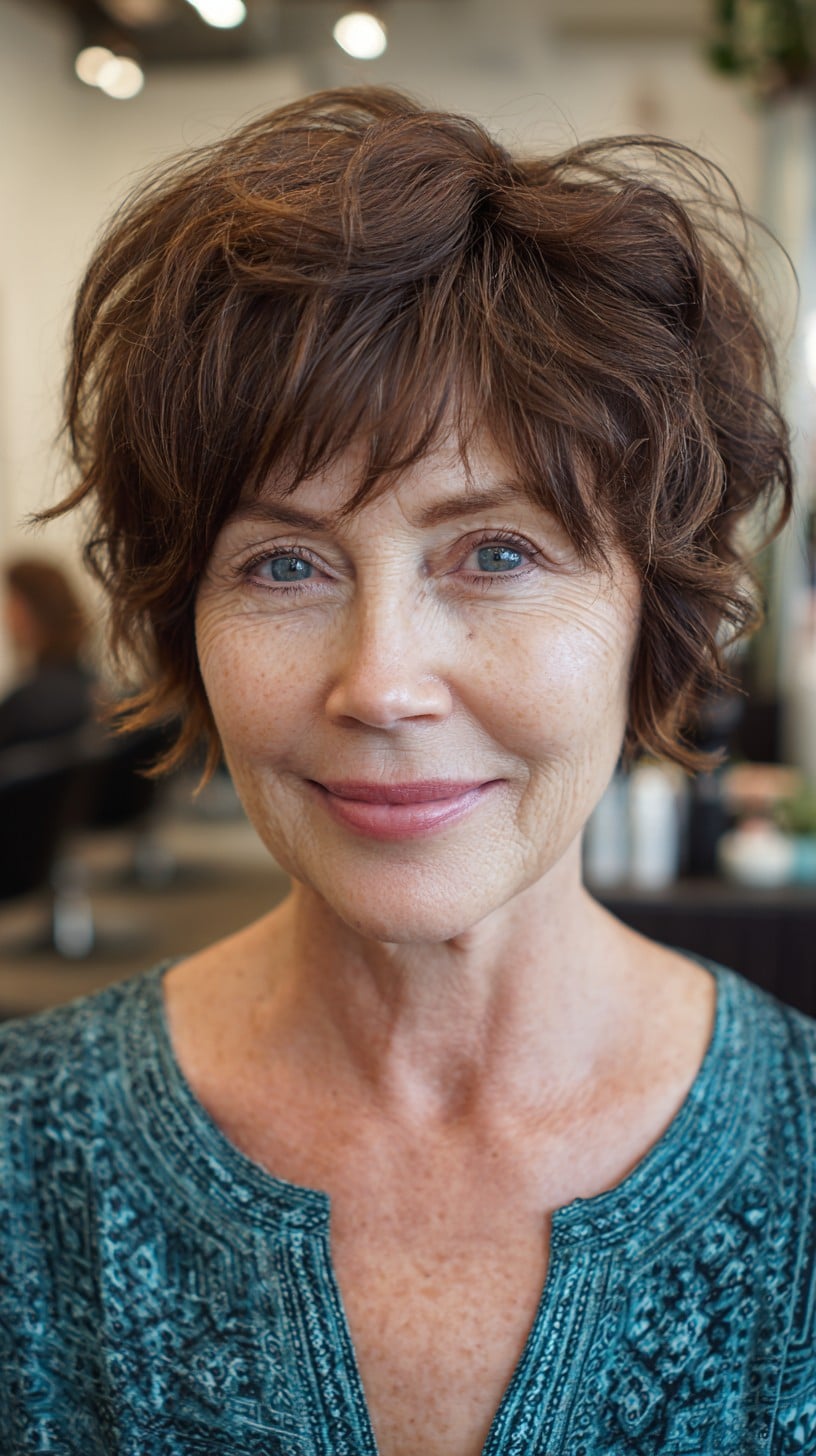 Textured Chestnut Shaggy Pixie with Wispy Side Fringe