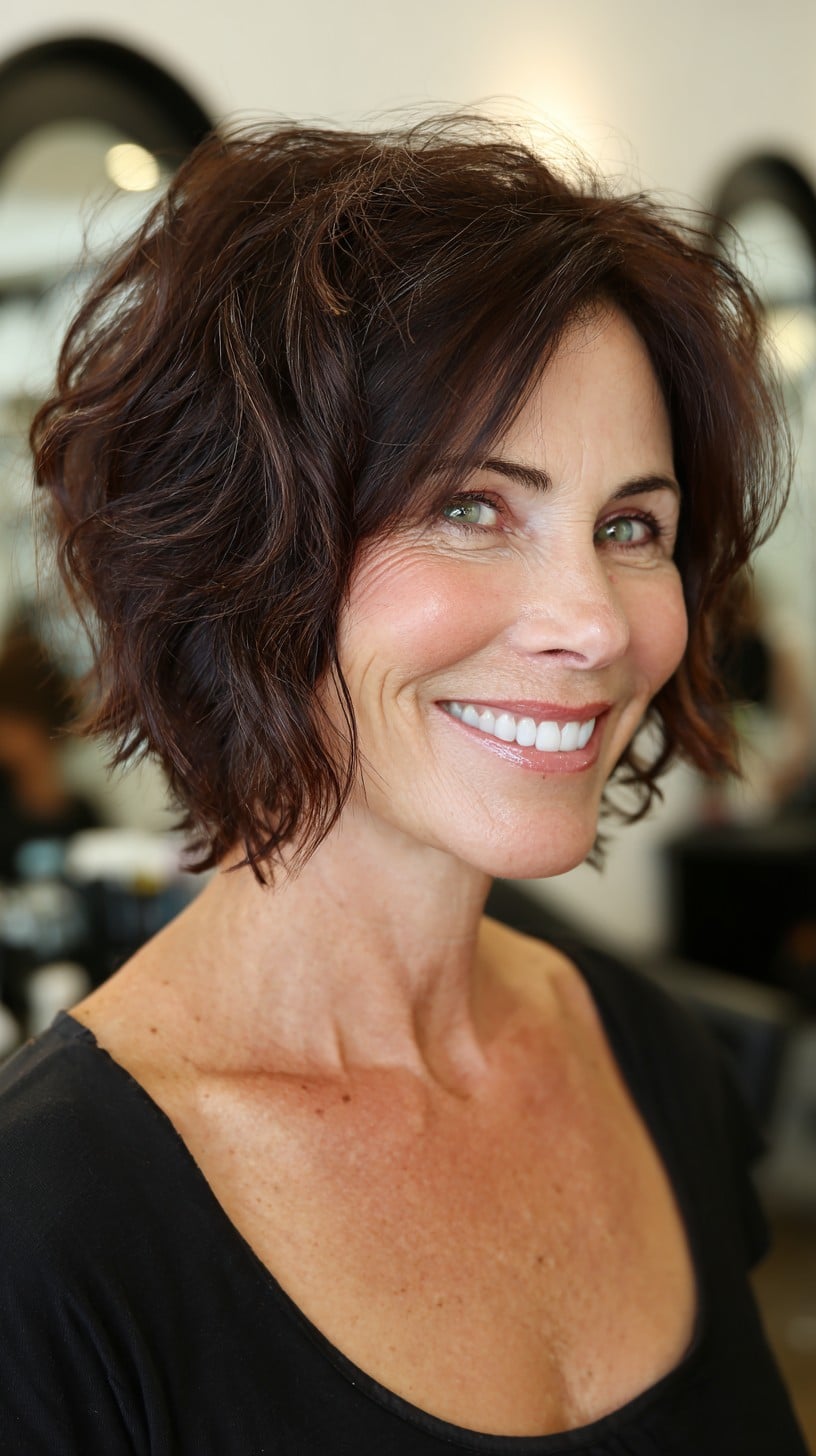 Textured Chocolate Chin-Length Shag with Piecey Side-Swept Layers