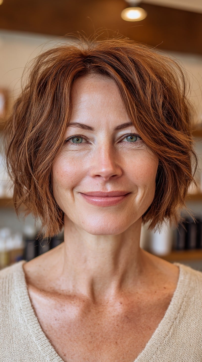 Textured Copper Chin-Length Shag with Lifted Crown