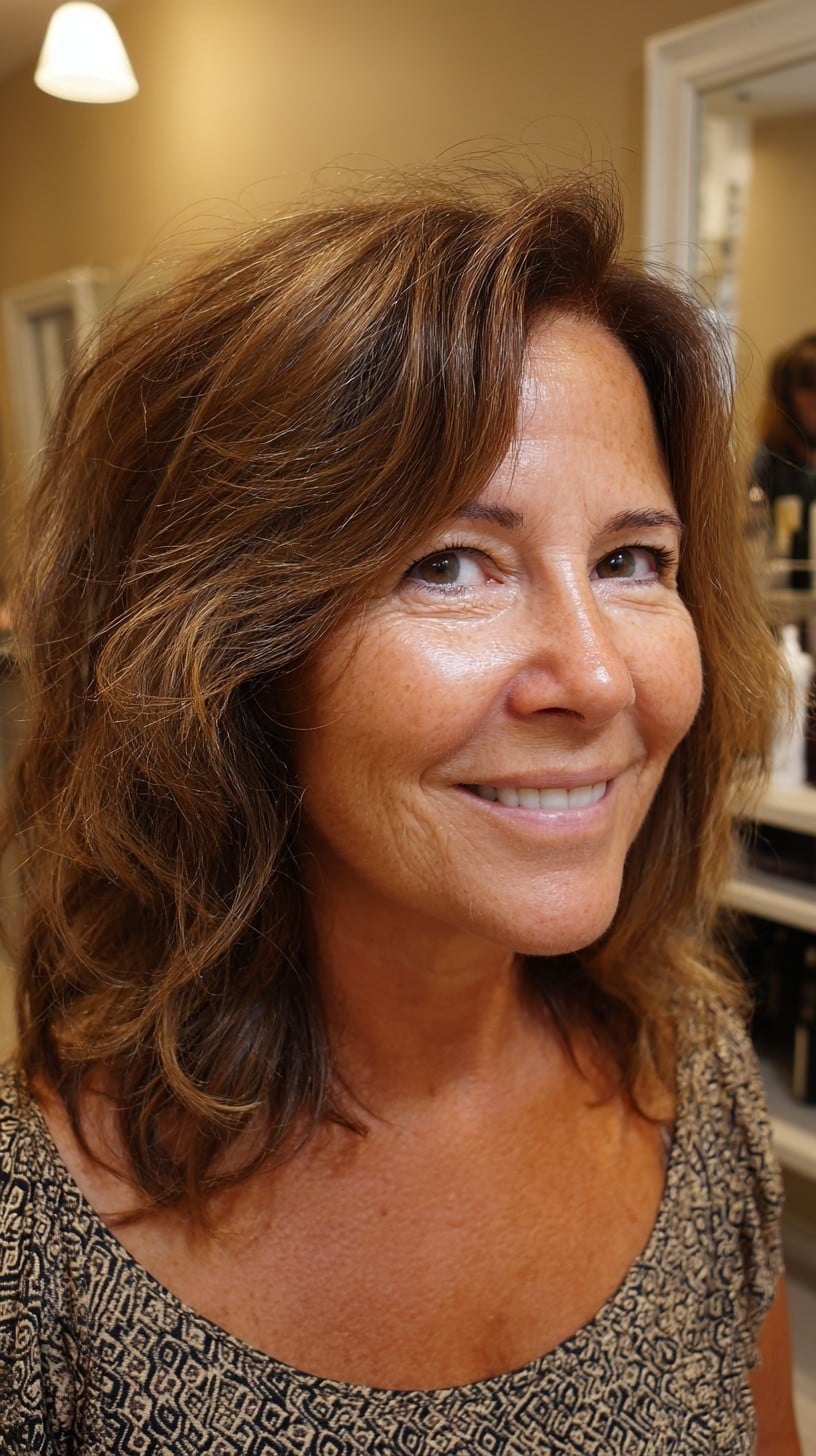 Textured Medium-Length Layers with Side Lift and Lowlights