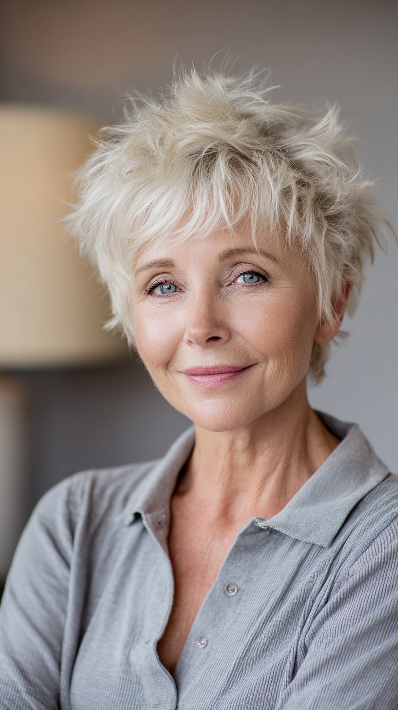 Textured Platinum Pixie with Feathered Crown and Curtain Fringe