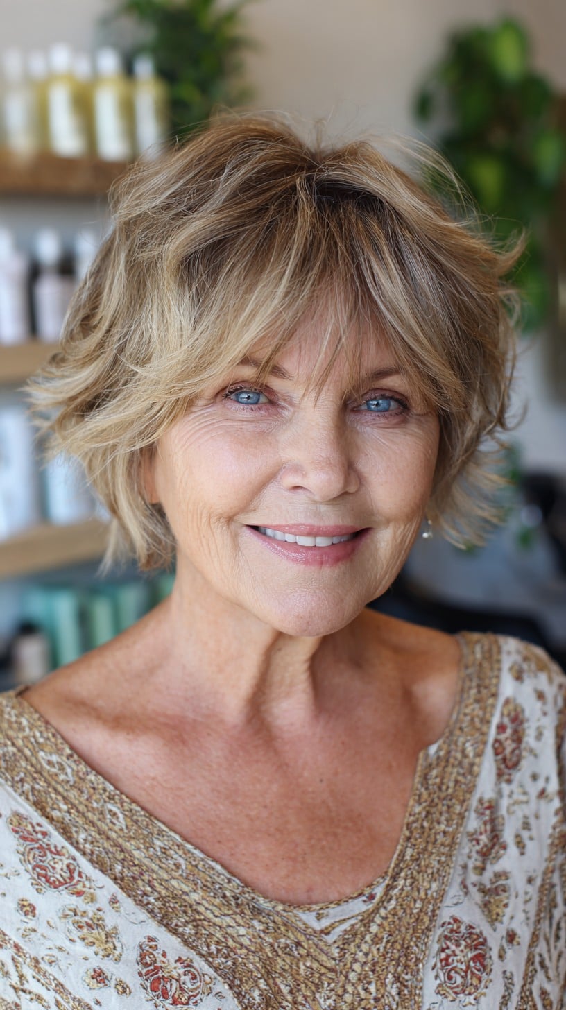 Textured Short Layered Shag with Curtain Fringe and Root Smudge