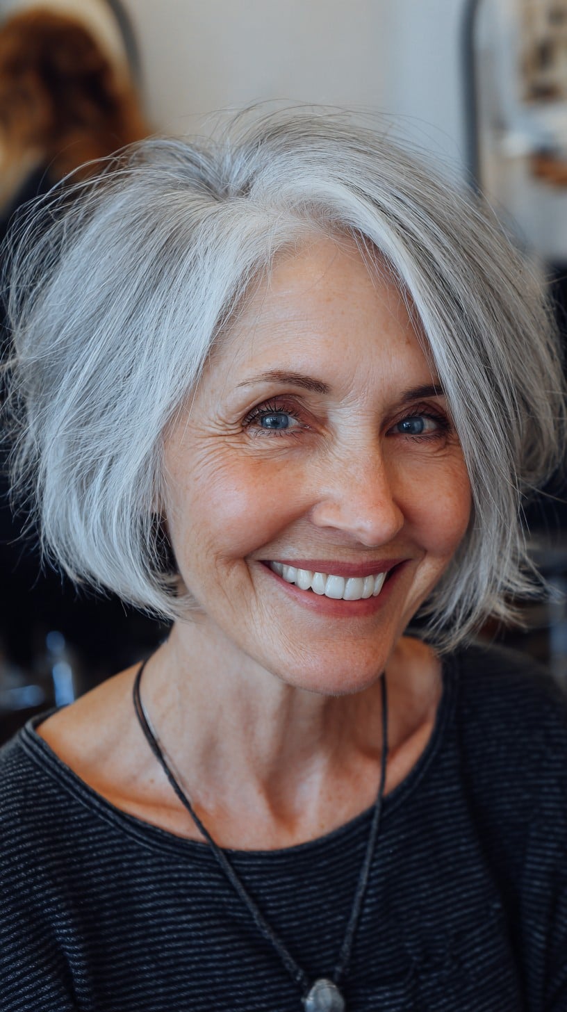 Textured Silver Chin-Grazing Bob with Soft Side Part