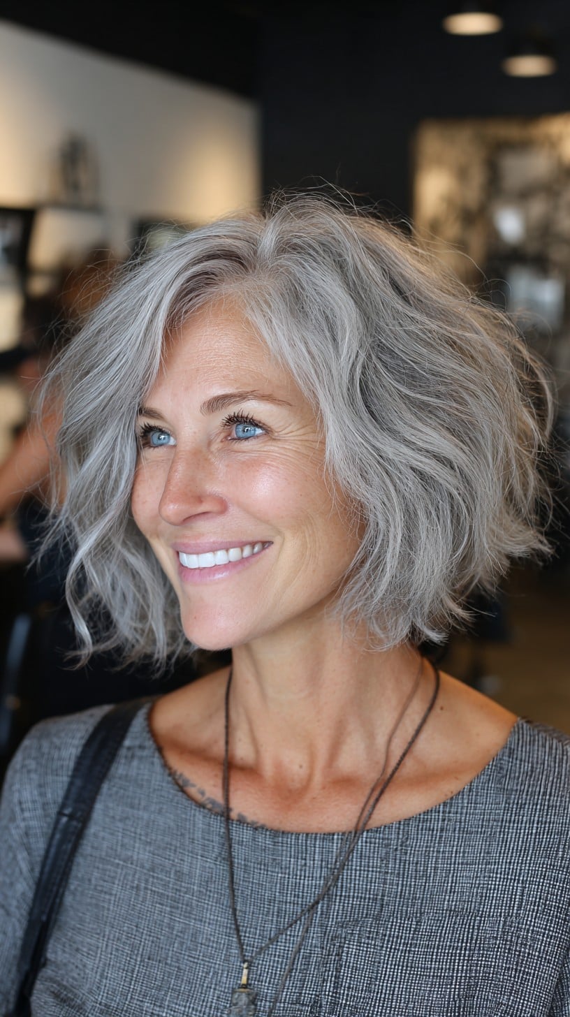 Tousled Silver-Chalk Bob with Soft Face-Framing Layers