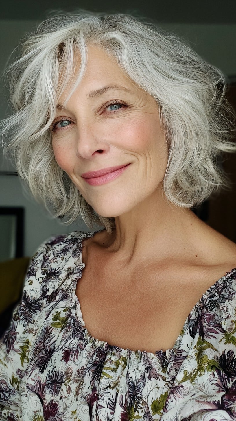 Tousled Silver Jaw-Grazing Bob with Wispy Side Curtain