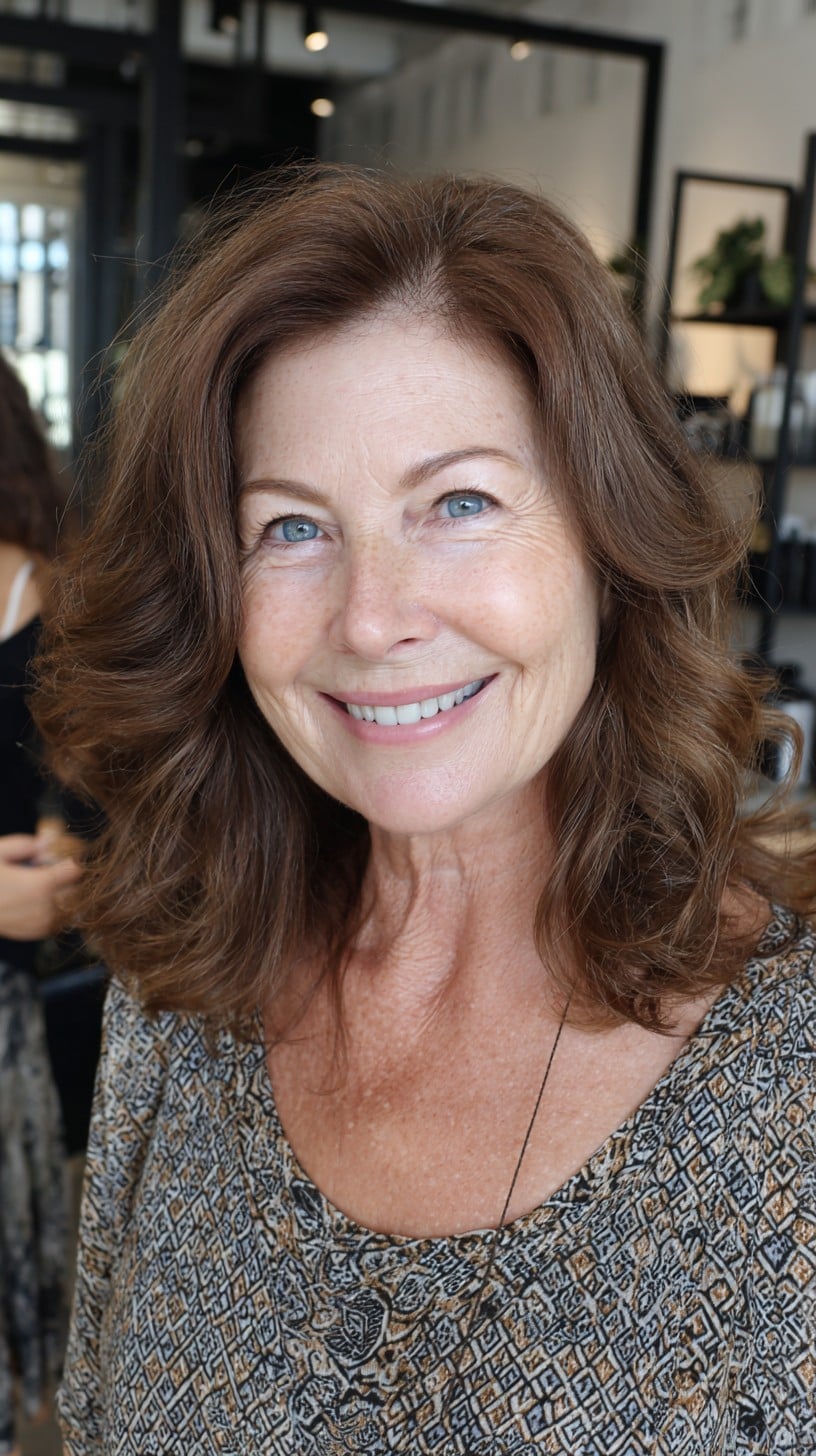 Voluminous Chestnut Mid-Length Layers with Soft Root Lift