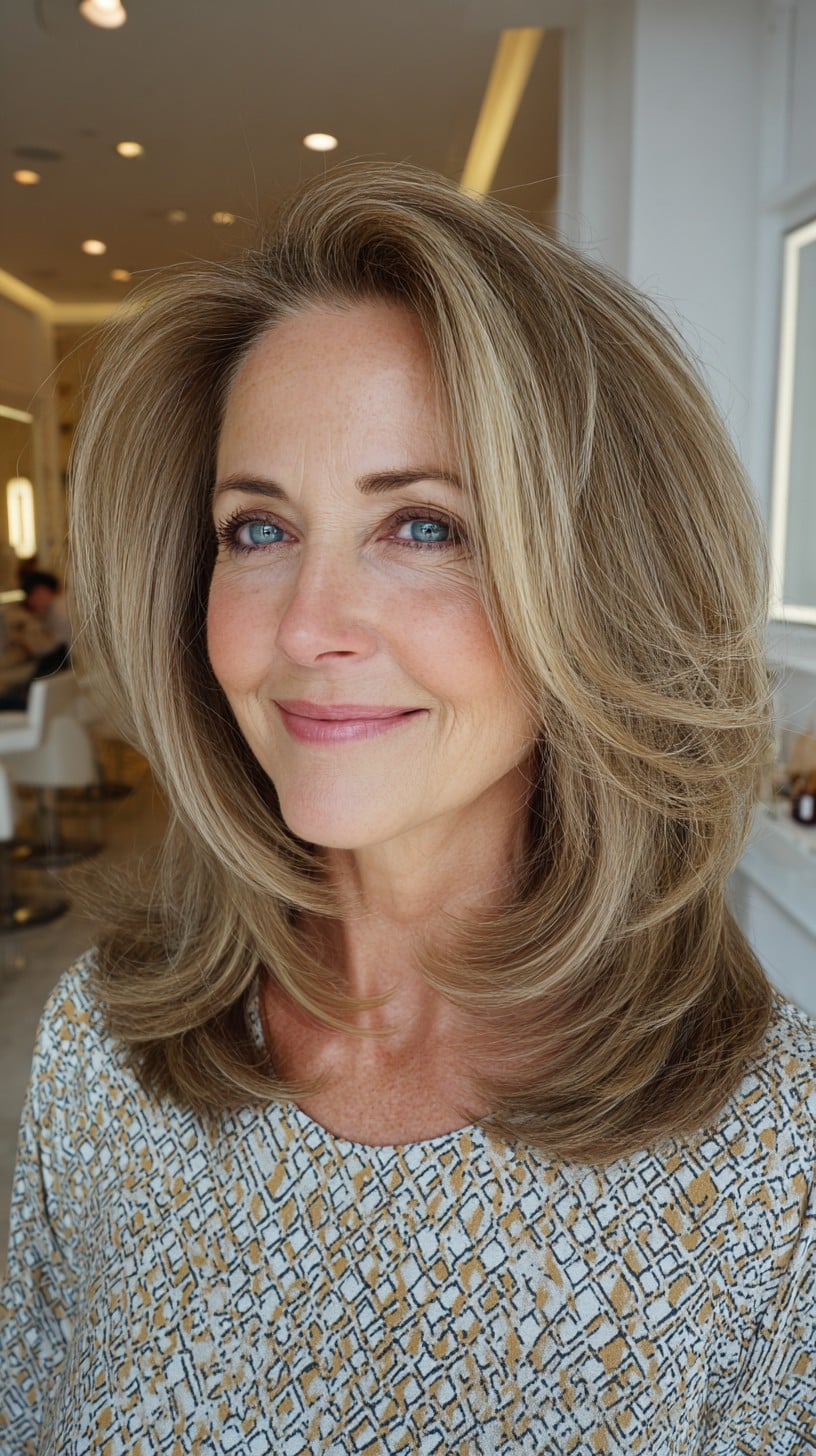 Voluminous Layered Shoulder-Length with Root-Lift and Face-Framing Curtains