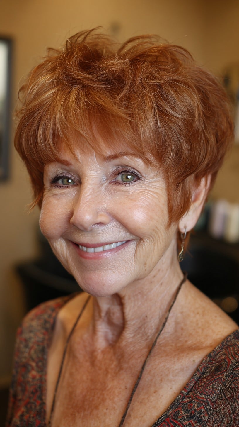 Warm Auburn Layered Pixie with Airy Crown Texture