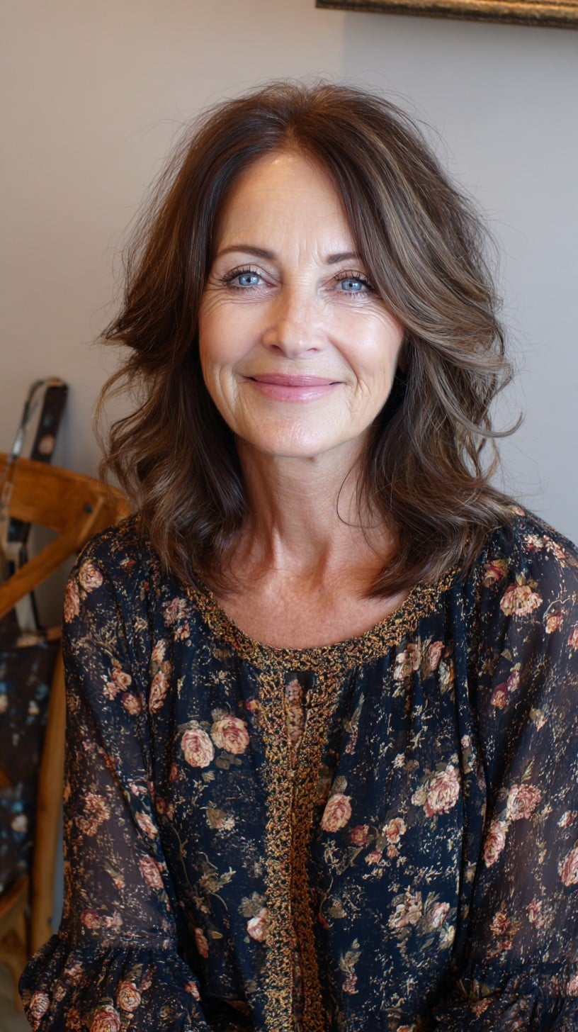 Warm Brunette Medium Layers with Soft Face-Framing Swoop