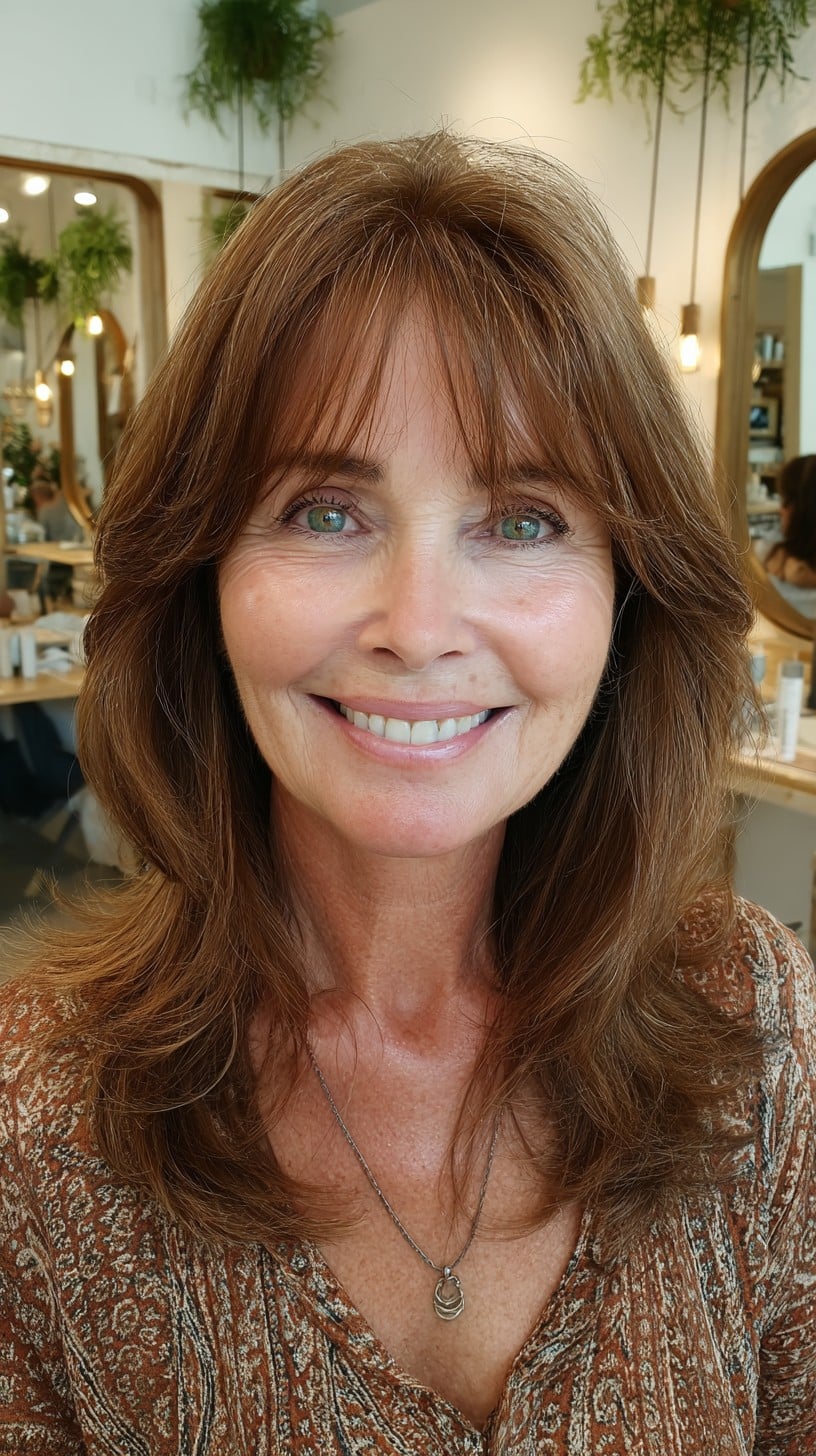 Warm Chestnut Layered Shag with Soft Curtain Fringe