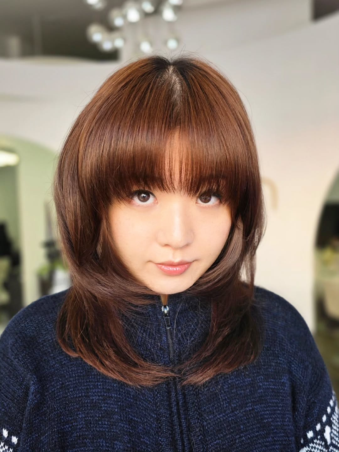 Warm Chestnut Mid-Length Cut with Soft Blunt Fringe