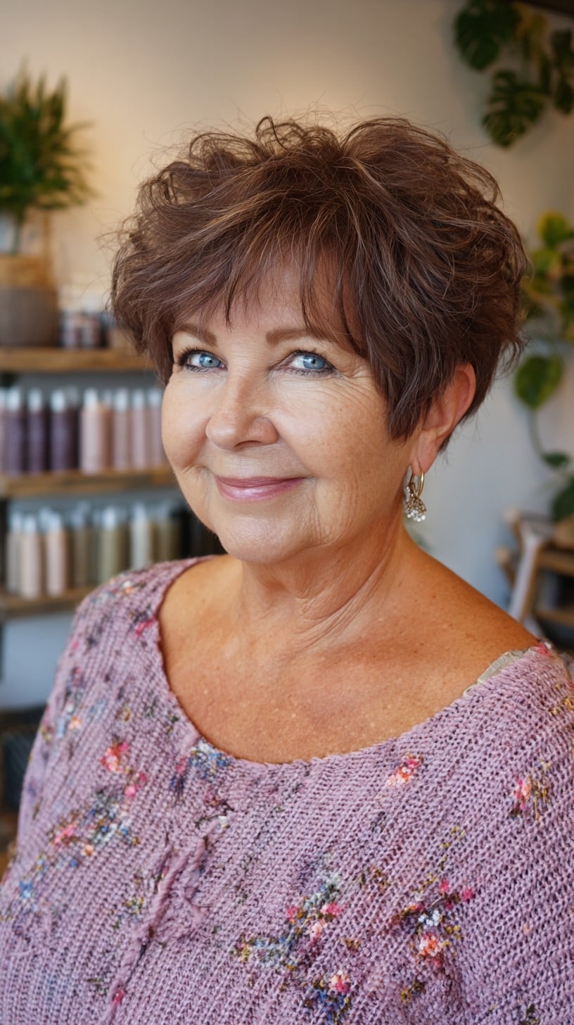Warm Chestnut Short Textured Pixie with Soft Piecey Fringe