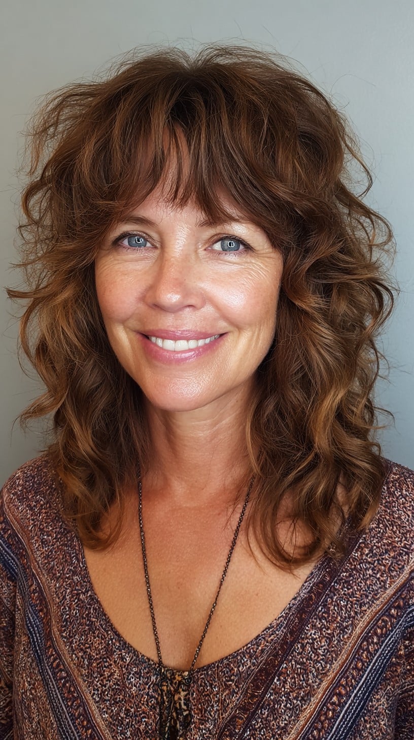 Warm Chestnut Shoulder-Length Shag with Feathered Micro-Bangs