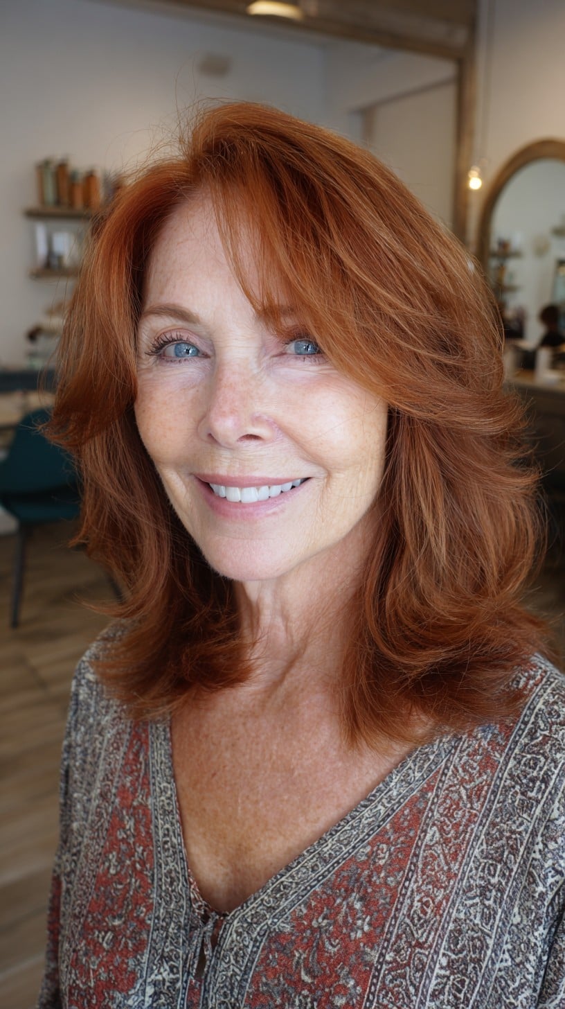 Warm Copper Mid-Length Feathered Cut with Side-Swept Fringe