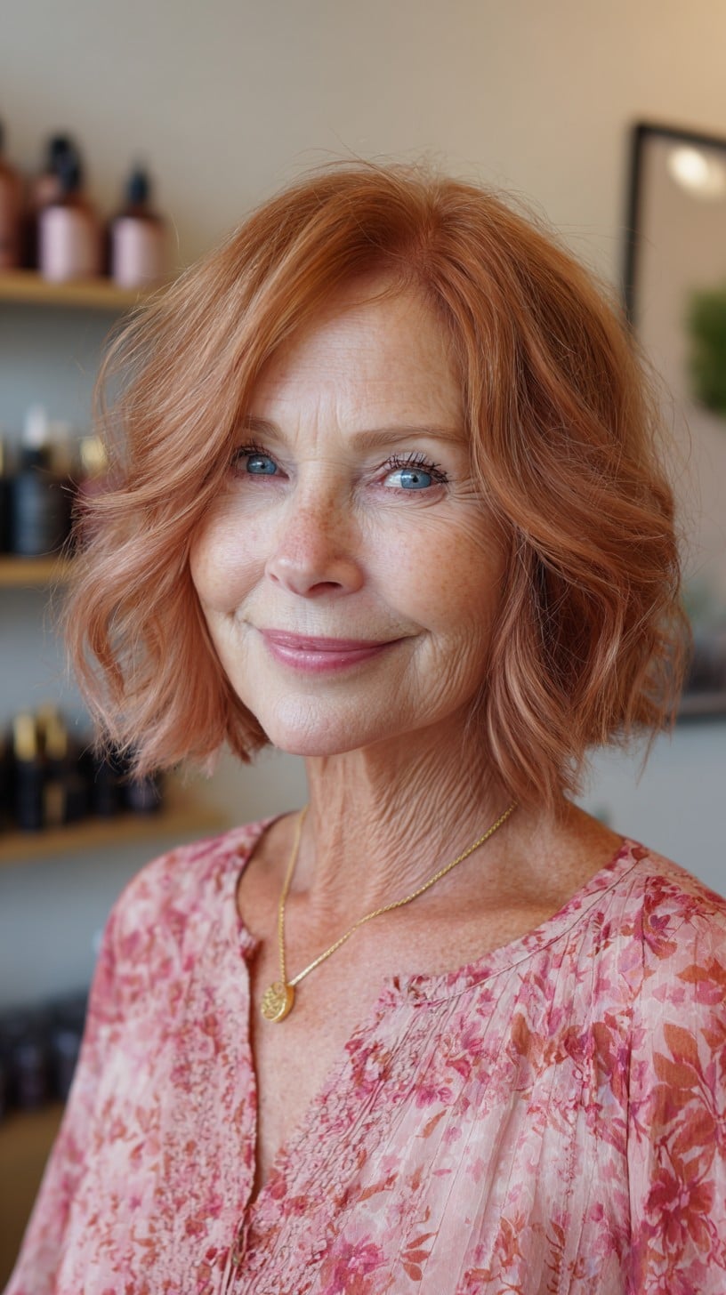 Warm Copper Textured Shag Bob with Soft Curtain Layers