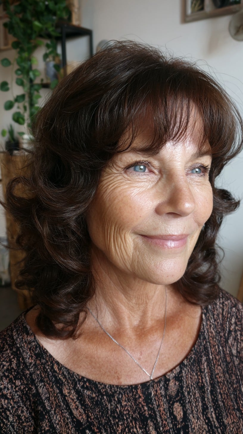 Warm Espresso Shoulder-Length Layers with Feathered Fringe
