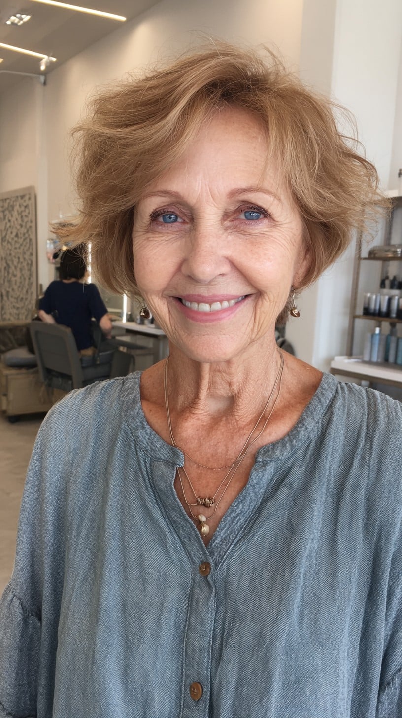 Airy Warm Blonde Bixie with Crown Lift and Face-Framing Layers