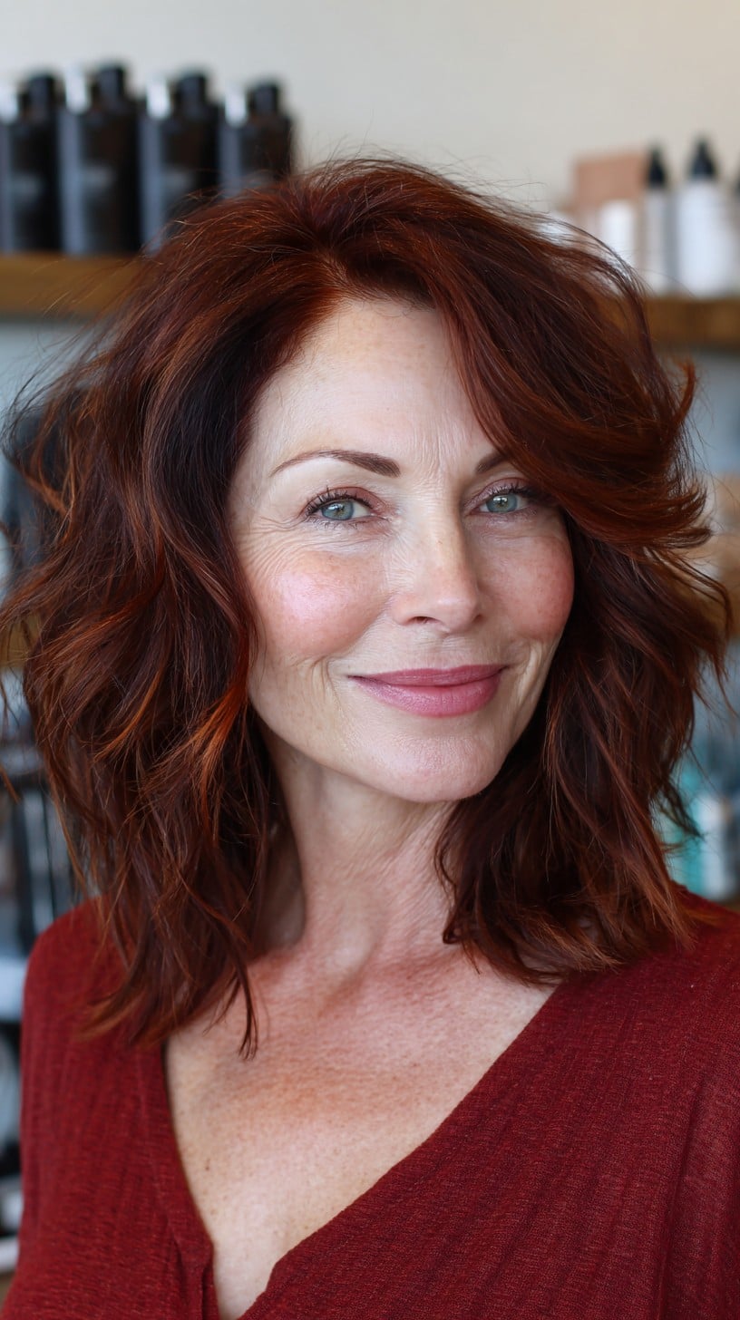 Auburn Layered Mid-Length Shag with Copper Face-Framing Babylights