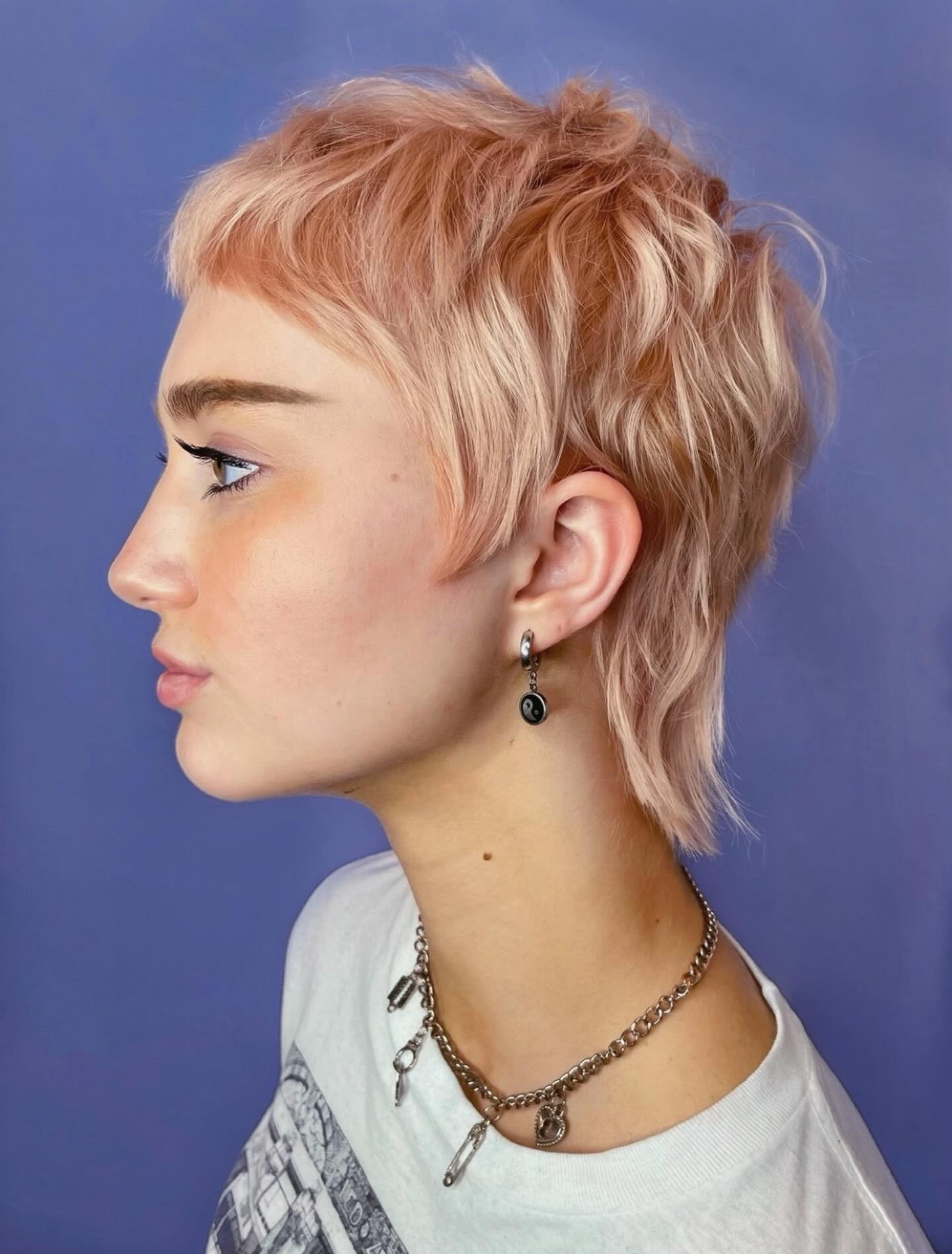 Blush Rose Textured Micro-Bang Mullet with Feathered Nape